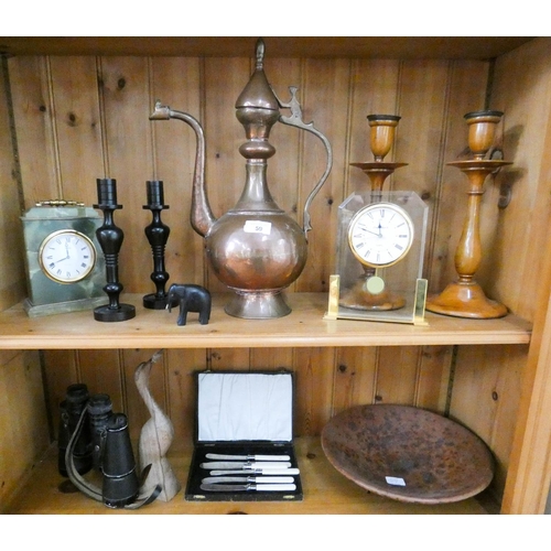 59 - Two mantel clocks, copper coffee pot, candlesticks, binoculars etc