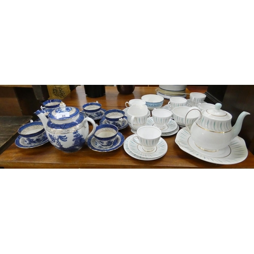 86 - Queen Anne Caprice pattern bone china tea set and blue and white Willow pattern ware tea ware