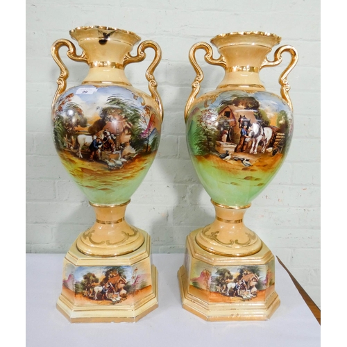 90 - A pair of large china Victorian two handled vases, one damaged