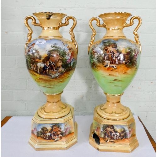 90 - A pair of large china Victorian two handled vases, one damaged