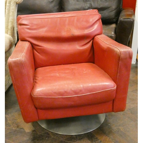 179 - A mid-century retro style red leather swivel easy chair on polished aluminium circular base