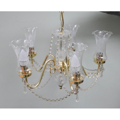 176 - A set of three five branch brass and glass lustre chandeliers