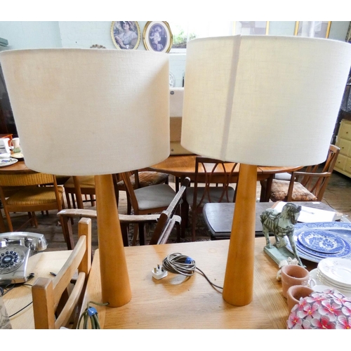 109 - A pair of contemporary wooden table lamps with shades and an octagonal painted box