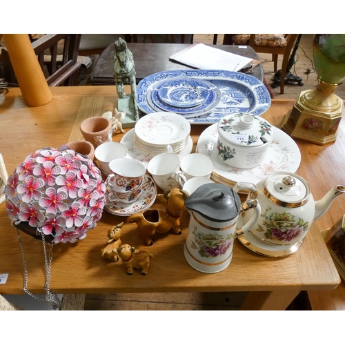 110 - Willow pattern meat dish, plates, tea and dinner ware, horse ornament, hanging floral ornament etc