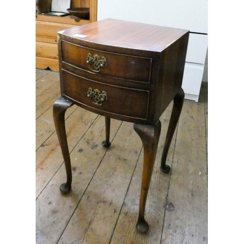 115 - Mahogany bow front two drawer bedside cabinet on cabriole legs (corner dog chewed)