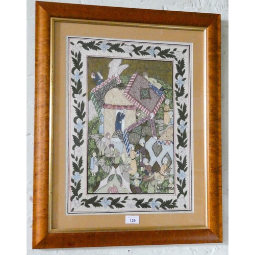 129 - A Islamic watercolour in maple frame and another of a triptych in frame