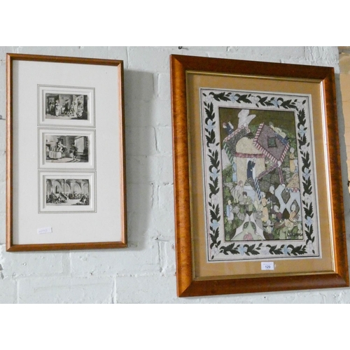 129 - A Islamic watercolour in maple frame and another of a triptych in frame