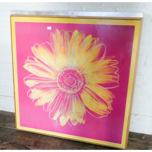 130 - A large contemporary wall mirror in wide silver frame and a large square print of a flower