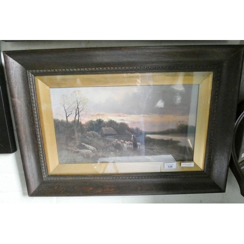 135 - A pair of Victorian style oak framed prints landscape scenes and another gilt framed picture of lake... 