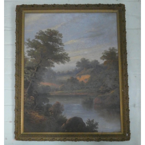 135 - A pair of Victorian style oak framed prints landscape scenes and another gilt framed picture of lake... 