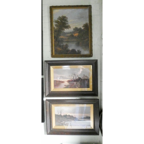 135 - A pair of Victorian style oak framed prints landscape scenes and another gilt framed picture of lake... 