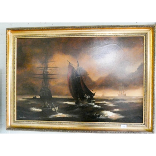 140 - Victorian style gilt framed oil painting of sailing boat scene, signed Kenneth Hammond