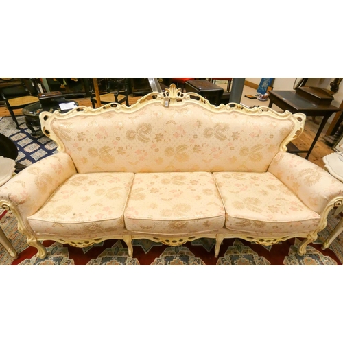 148 - A French style cream and gilt decorated three piece lounge suite in cream and figured material, both... 