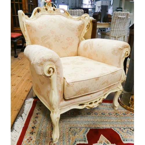 148 - A French style cream and gilt decorated three piece lounge suite in cream and figured material, both... 