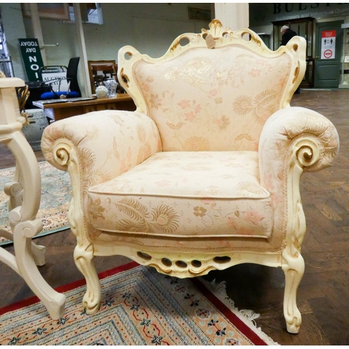 148 - A French style cream and gilt decorated three piece lounge suite in cream and figured material, both... 