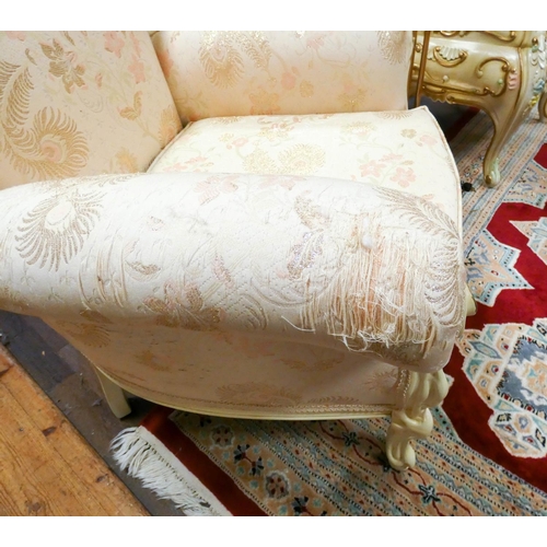 148 - A French style cream and gilt decorated three piece lounge suite in cream and figured material, both... 