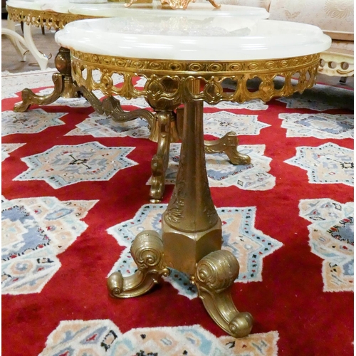 153 - A circular brass framed coffee table with pale green onyx top