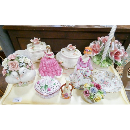 158 - Various flower cluster ornaments, lady figure ornaments, trinket boxes etc