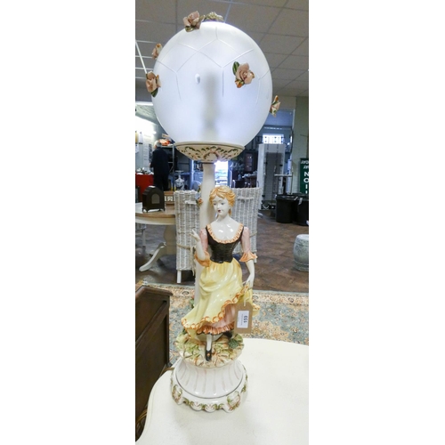 159 - A pair of large figure table lamps with glass ball shaped floral decorated glass shades, the gentlem... 