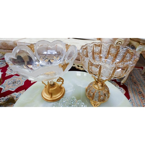 166 - Two ornate large glass and gilt decorated fruit bowl comports, Swarovski style cut glass candle hold... 