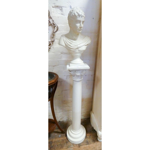 174 - A white classical bust on plaster pillar and marble topped stand