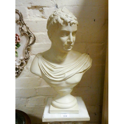 174 - A white classical bust on plaster pillar and marble topped stand