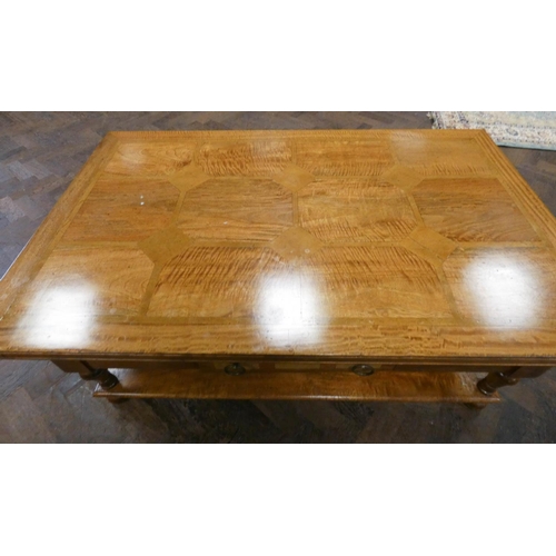 189 - A very large pale mahogany finished two tier coffee table with square design, fitted with drawer and... 