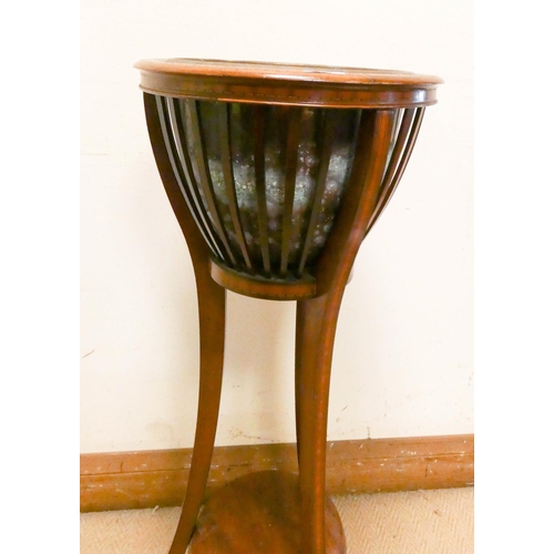 208 - Edwardian inlaid mahogany plant stand with brass liner and under tier