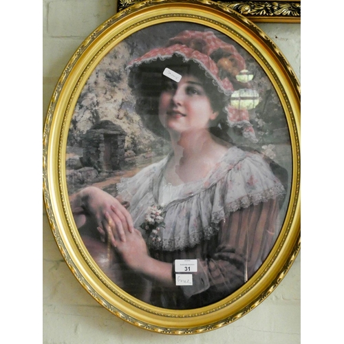 31 - A pair of gilt framed oval portrait prints and two other gilt framed prints of late Victorian scenes