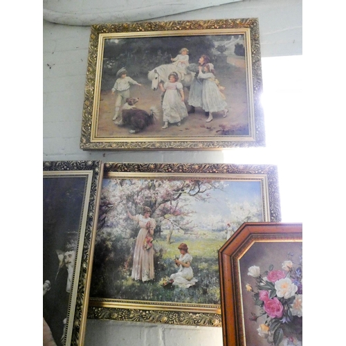 46 - Three various gilt framed prints of Victorian scenes and two still life prints