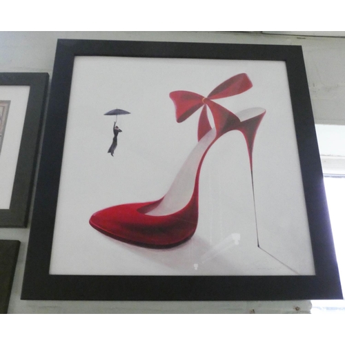 57 - A pair of framed prints of ladies high heeled shoes and two other prints