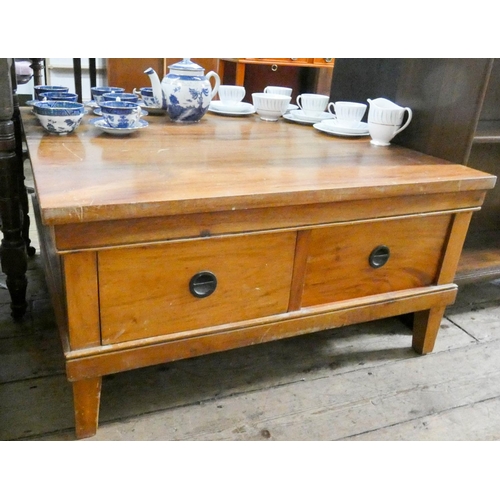 74 - A large square cherry wood finish coffee table fitted with drawers