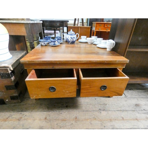 74 - A large square cherry wood finish coffee table fitted with drawers