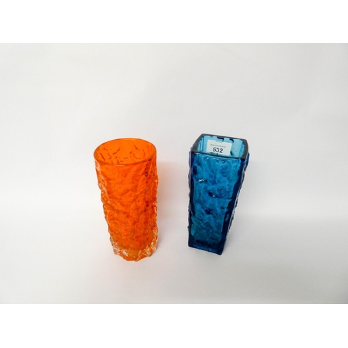 532 - Whitefriars glass square bodied turquoise vase and a cylindrical orange vase, each measuring 19cms t... 