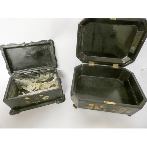 535 - Victorian black lacquer and mother of pearl inlaid tea caddy and a workbox filled with various Victo... 