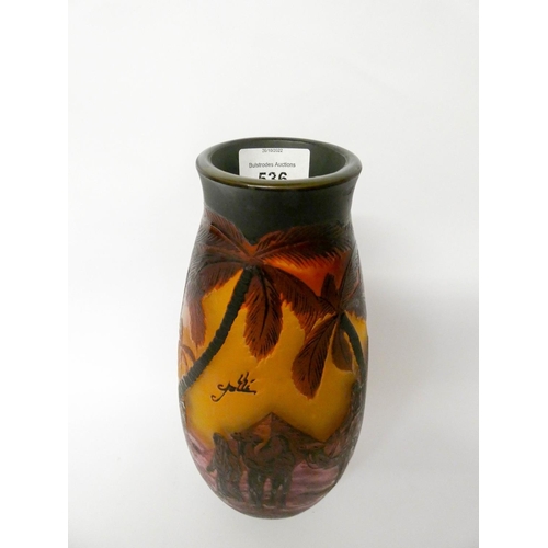 536 - A Cameo glass vase in the style of Galle decorated with an Egyptian pyramids and camel scene, bears ... 