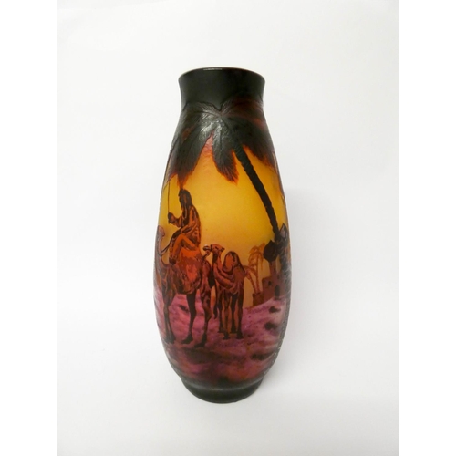 536 - A Cameo glass vase in the style of Galle decorated with an Egyptian pyramids and camel scene, bears ... 