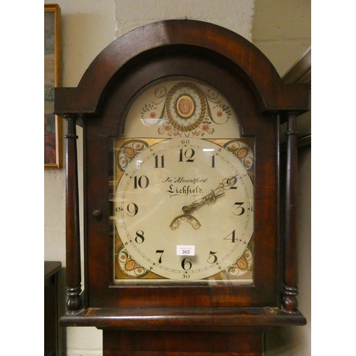 253 - A 30 hour Grandfather clock in oak case with arch painted calendar dial, signed John Mountford, Litc... 