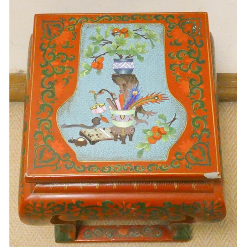 232 - A Chinese red lacquer and cloisonné decorated square plant pedestal, 12