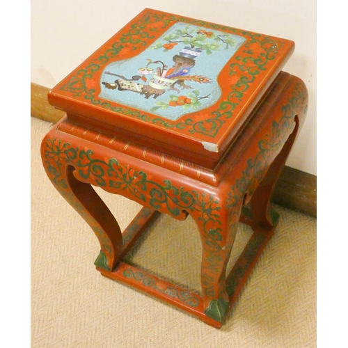 232 - A Chinese red lacquer and cloisonné decorated square plant pedestal, 12