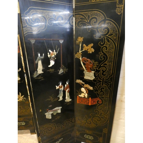 254 - A Chinese black lacquered four fold draft screen with soapstone figure panels