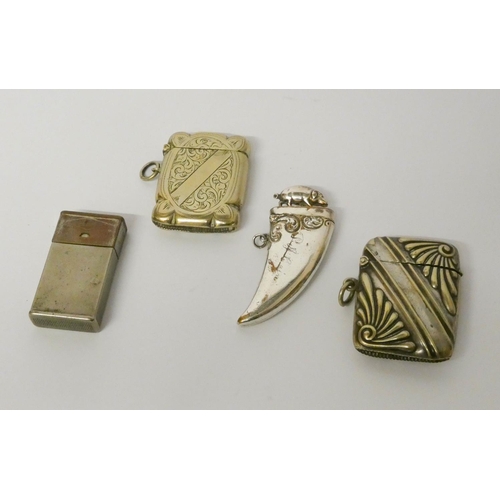 454 - A tusk shaped silver plated vesta with pig finial, a Gillette razor blade holder and two embossed si... 