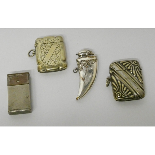 454 - A tusk shaped silver plated vesta with pig finial, a Gillette razor blade holder and two embossed si... 