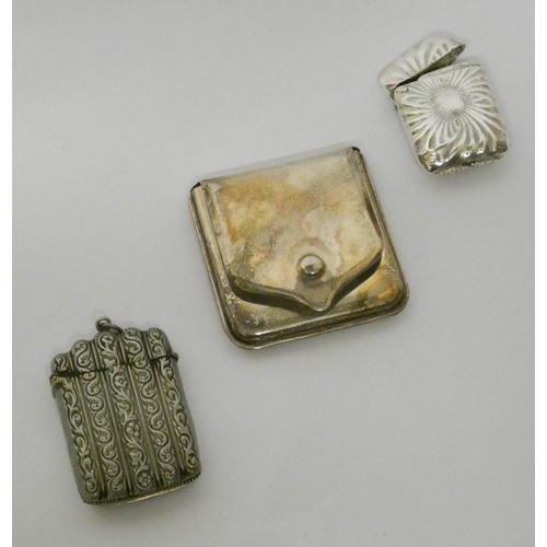 457 - Two Art Nouveau silver plated vesta cases and a large satchel design vesta marked EPNS