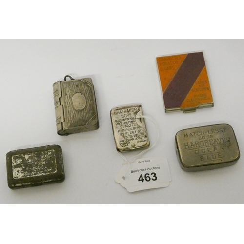 463 - Four vestas with advertising motifs and a book shaped novelty plated vesta