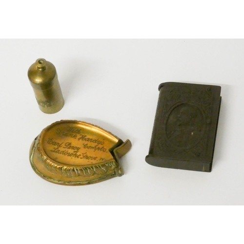 468 - Edwardian Bakelite Royal commemorative vesta, a brass horseshoe shaped vesta and another brass vesta