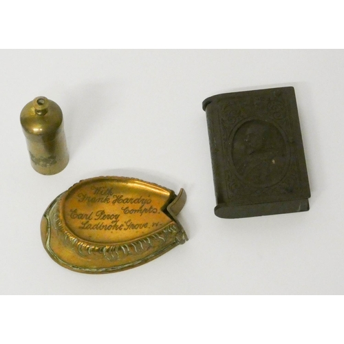 468 - Edwardian Bakelite Royal commemorative vesta, a brass horseshoe shaped vesta and another brass vesta