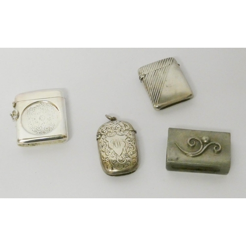 471 - A hallmarked silver vesta,  800 standard continental silver vesta, Nekrassoff pewter match case and ... 