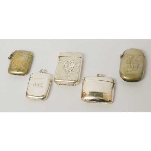 472 - A collection of five silver plated vestas, two with engraved decoration, three of plainer form, (5)