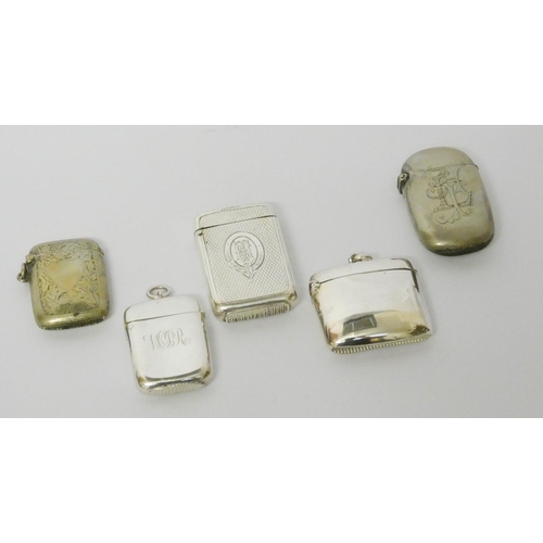 472 - A collection of five silver plated vestas, two with engraved decoration, three of plainer form, (5)